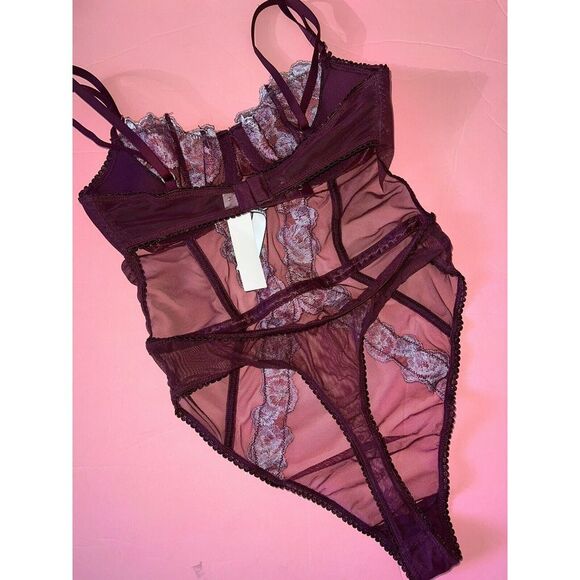 Victoria's Secret XS TEDDY one-piece bodysuit Kir PINK MAROON FLORAL EMBROIDERED - Picture 4 of 4